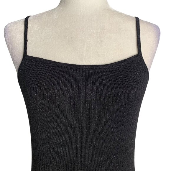 Vintage 90s Esprit Ribbed Knit Mini Dress M Black Metallic Spaghetti Straps - Picture 2 of 9